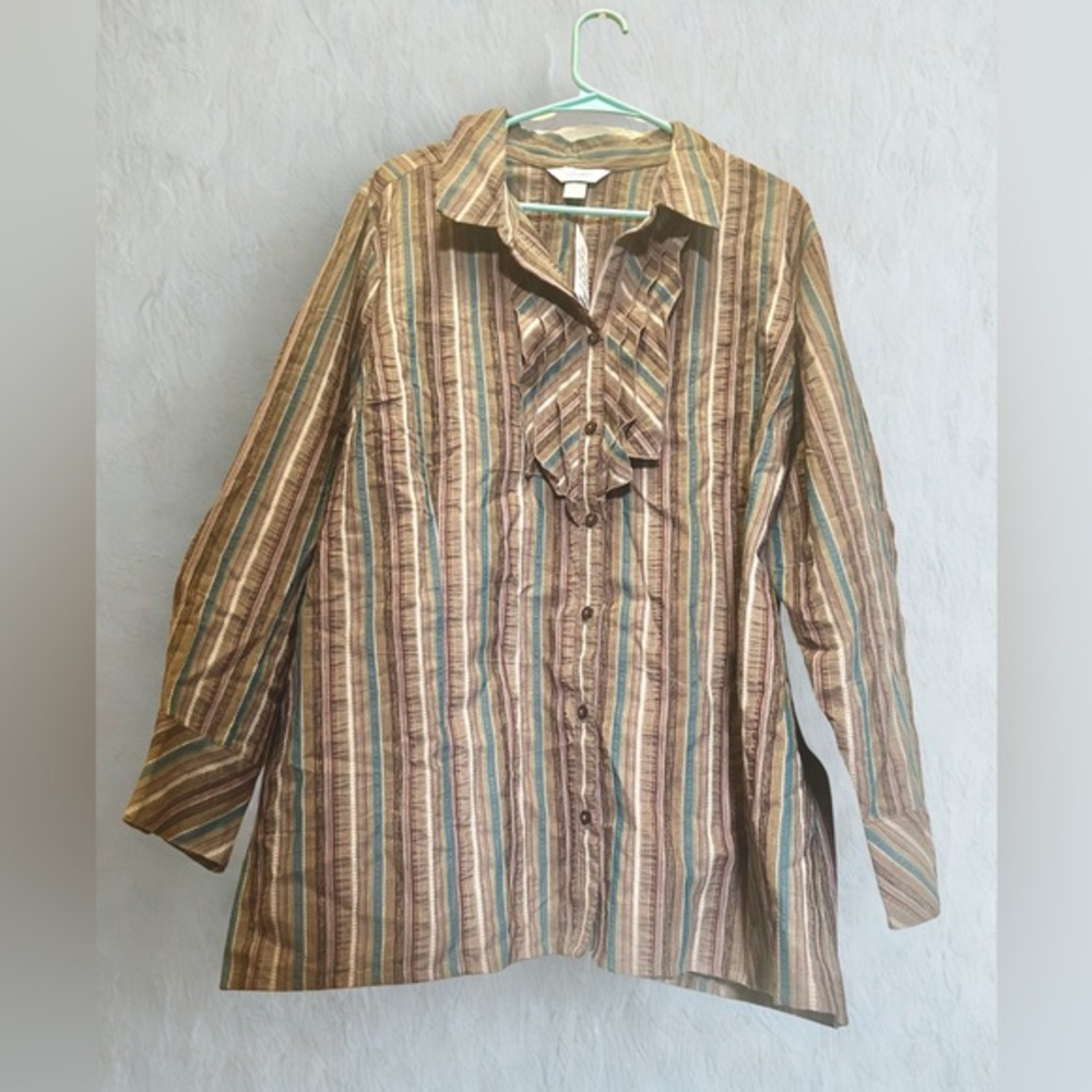 CJ Banks Earth-Tone Striped Button-Up Blouse – Size 4X, NWT, $55.50 Retail